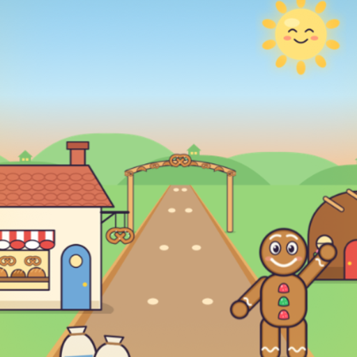 The gingerbread kid waving outside the bakery