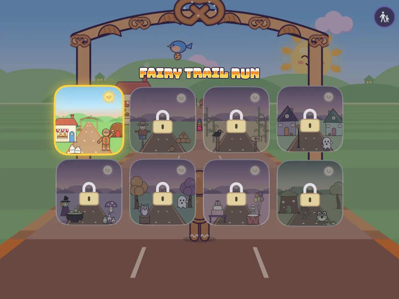 The home screen: picture cards to pick a trail, no words needed