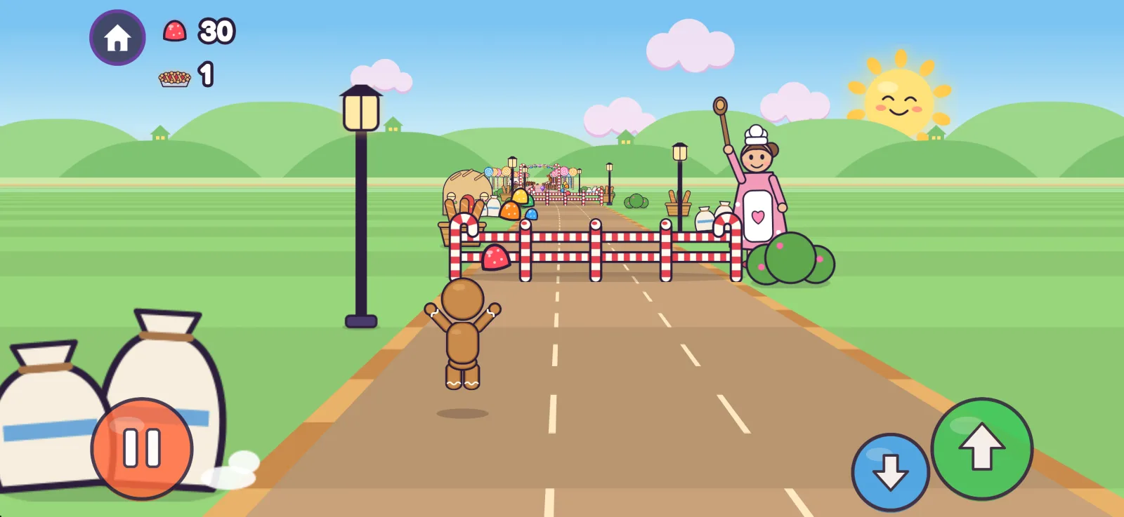 The gingerbread kid jumping a candy-cane fence in the bakery village while the baker waves her spoon